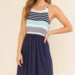 Vanilla Bay Casual Blue & White Striped High Neck Tank Small Dress